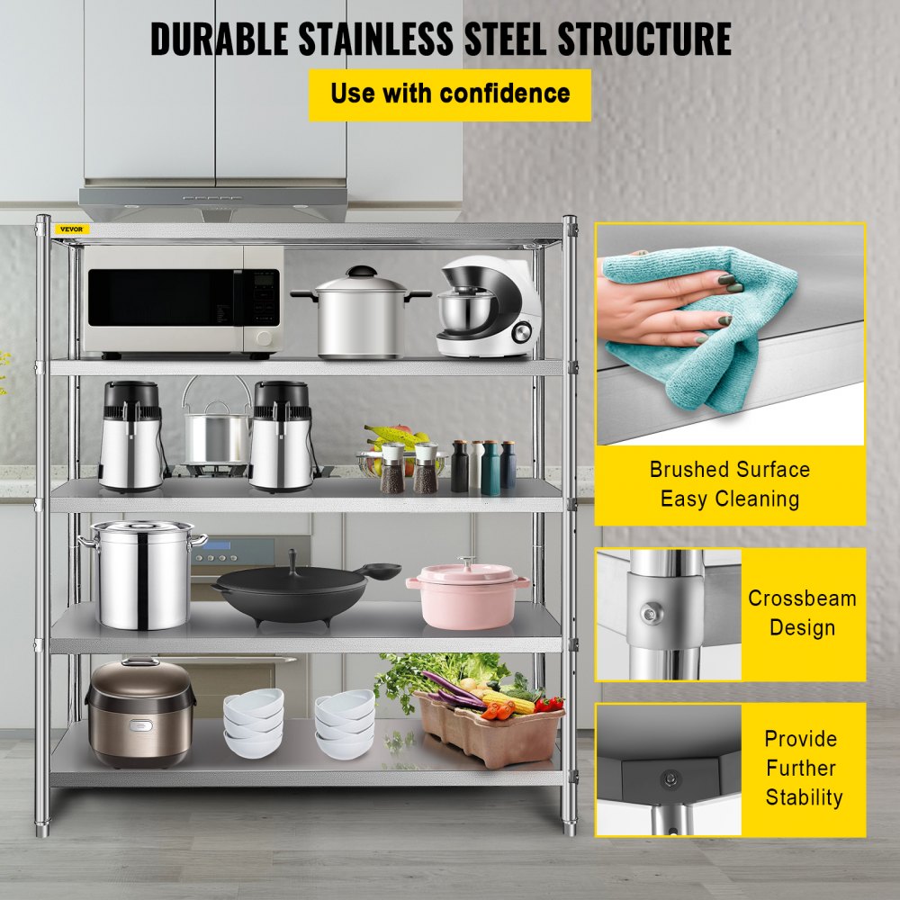 Stainless Steel Shelving 60x18.5 Inch 5 Tier Adjustable Shelf Storage Unit Stainless Steel Heavy Duty Shelving for Kitchen Commercial Office Garage Storage 330lb Per Shelf