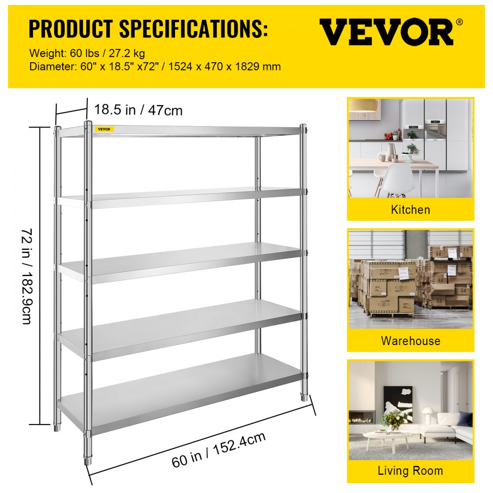 Stainless Steel Shelving 60x18.5 Inch 5 Tier Adjustable Shelf Storage Unit Stainless Steel Heavy Duty Shelving for Kitchen Commercial Office Garage Storage 330lb Per Shelf