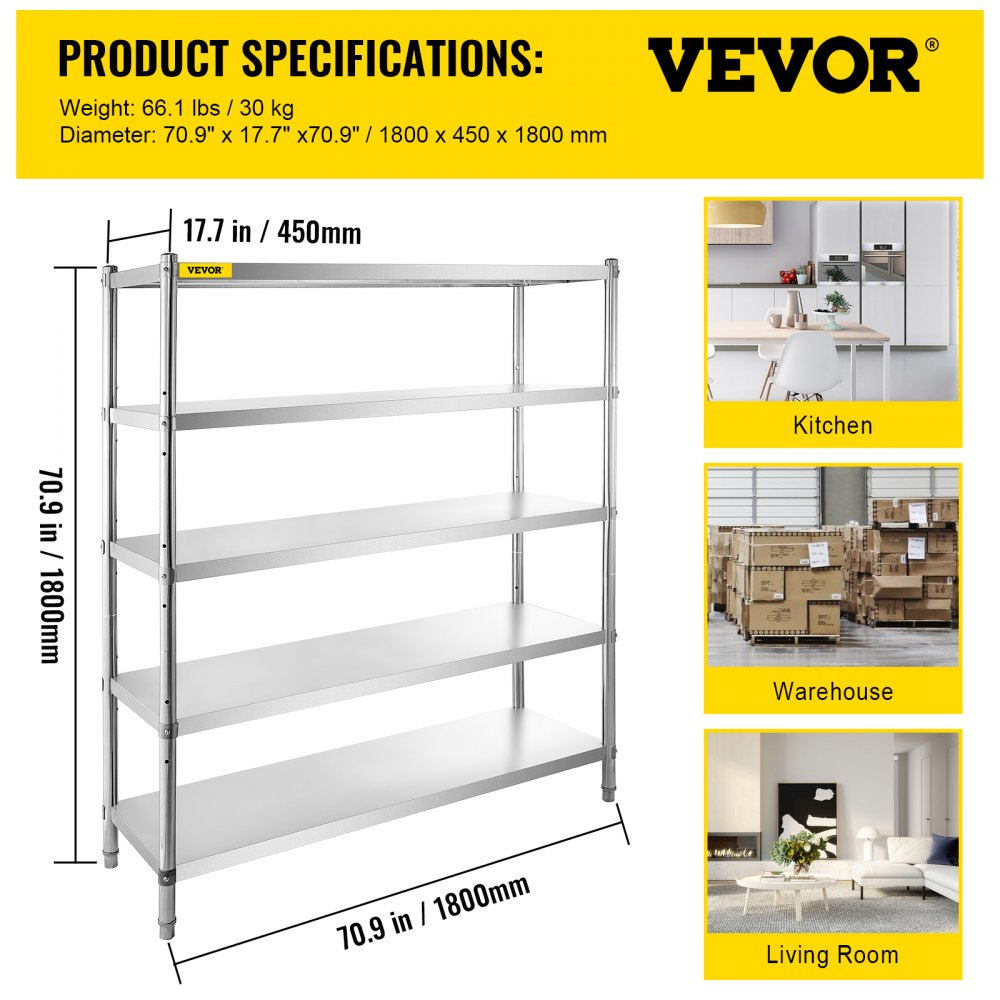 Storage Shelf, 5-Tier Storage Shelving Unit, Stainless Steel Garage Shelf, 70.9 x 17.7 x 70.9 inch Heavy Duty Storage Shelving, 1650 Lbs Total Capacity with Adjustable Height