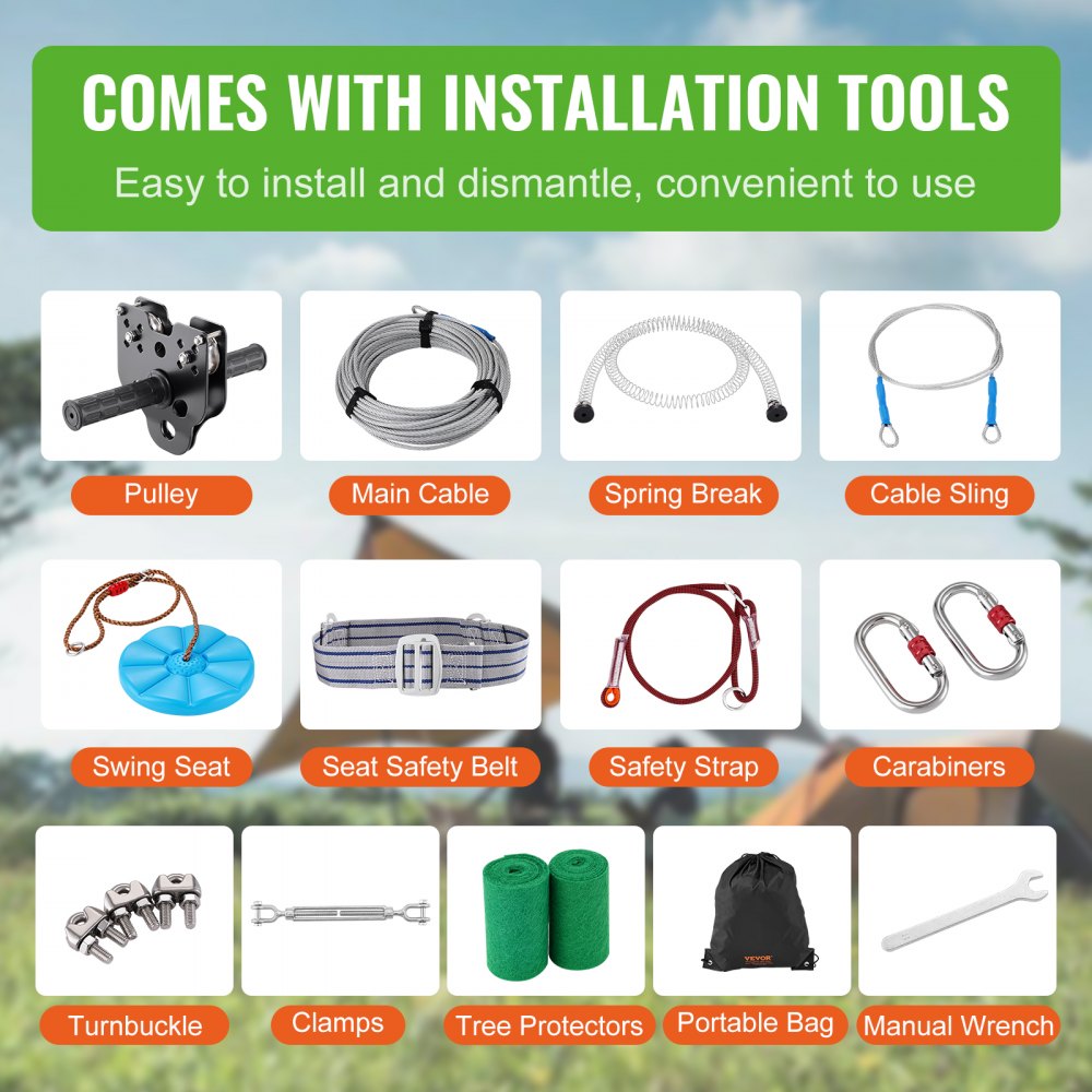 A 100ft zipline kit for kids and adults with 500lb capacity, featuring stainless steel cable, safety harness, seat, and spring brake.