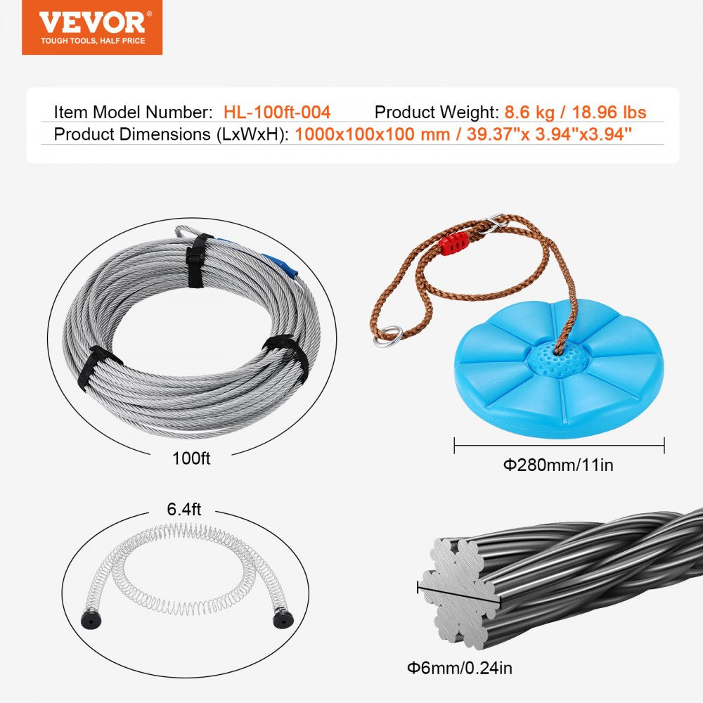 A 100ft zipline kit with 500lb capacity, stainless steel cable, pulley, safety harness, seat, and spring brake for backyard use.