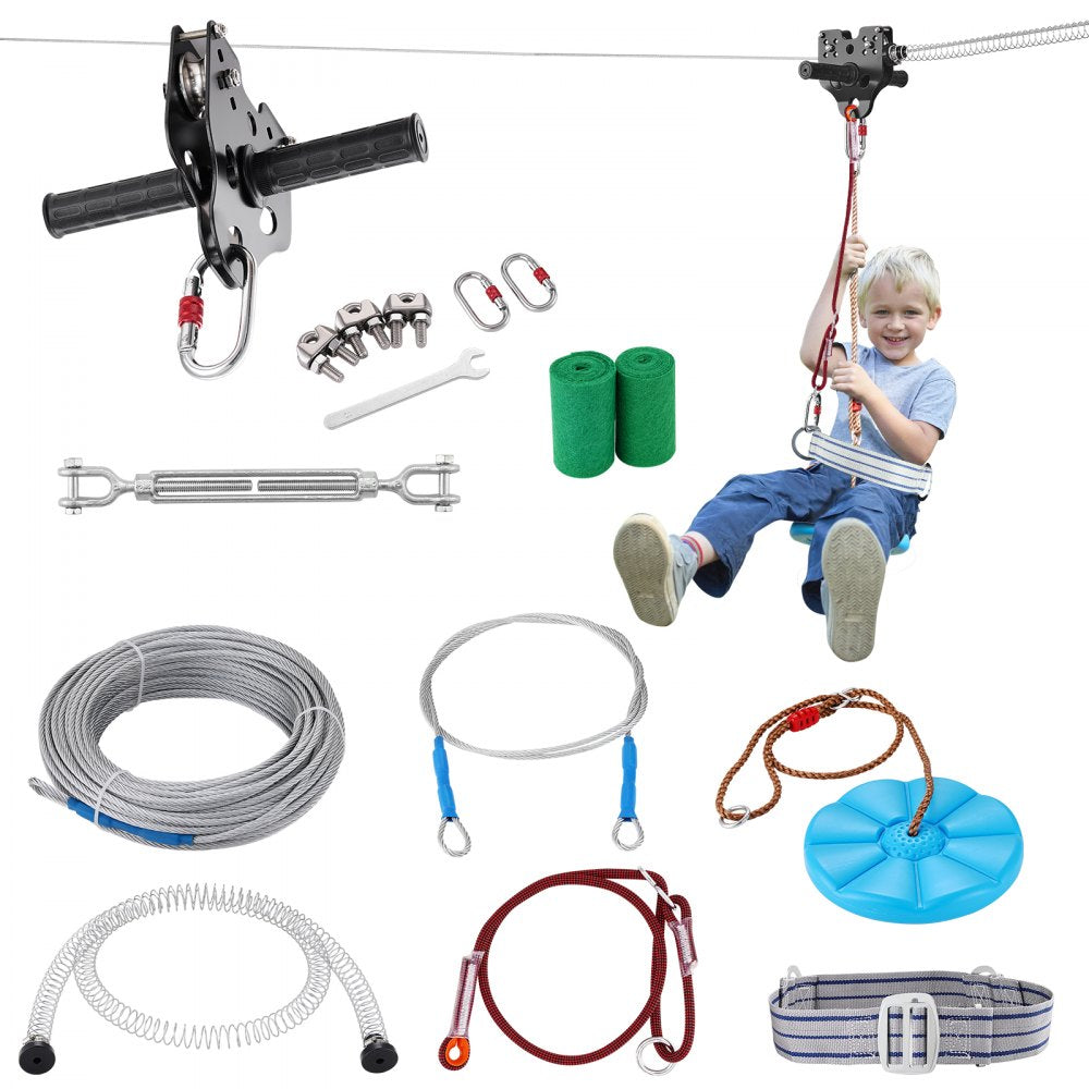 A 100ft zipline kit for kids and adults with 500lb capacity, featuring stainless steel cable, pulley, safety harness, and seat.