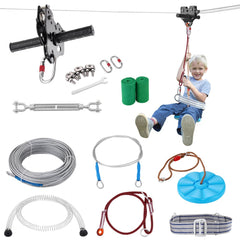 A 100ft zipline kit for kids and adults with 500lb capacity, featuring stainless steel cable, pulley, safety harness, and seat.