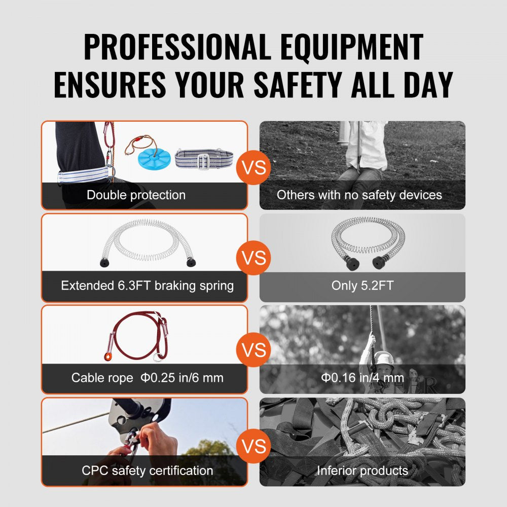 Bostome 120ft zipline kit with steel wire rope, pulley, and dual safety harness system.