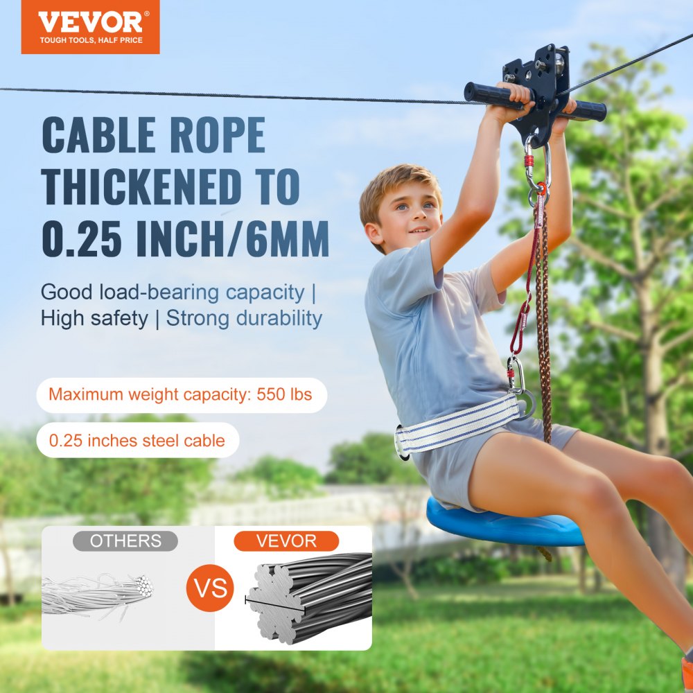 Bostome 160ft zipline kit with steel wire rope, pulley, and safety harness for outdoor fun.