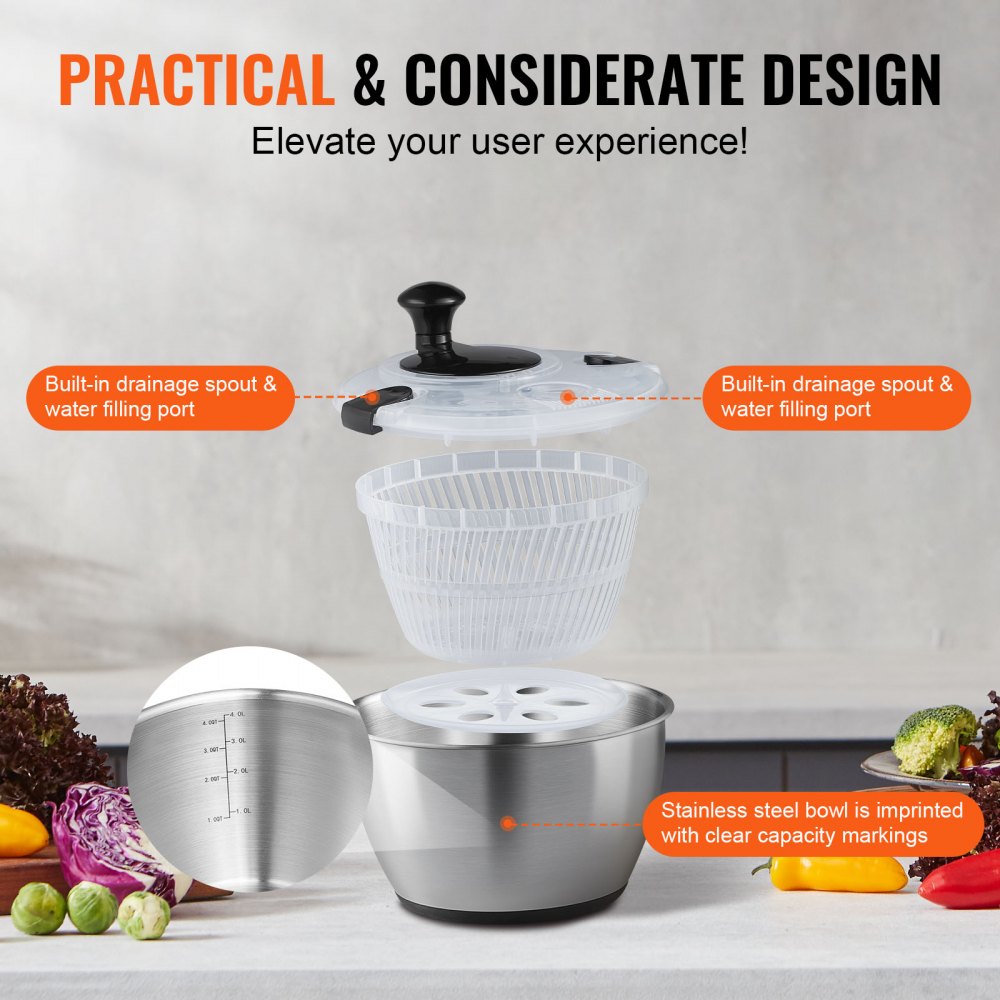 Stainless Steel Salad Spinner, 4.75Qt, One-handed Easy Press Large Vegetable Dryer Washer, Lettuce Cleaner and Dryer with 304 Stainless Steel Bowl, for Greens, Herbs, Berries, Fruits, No BPA
