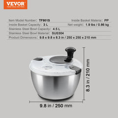 Stainless Steel Salad Spinner, 4.75Qt, One-handed Easy Press Large Vegetable Dryer Washer, Lettuce Cleaner and Dryer with 304 Stainless Steel Bowl, for Greens, Herbs, Berries, Fruits, No BPA