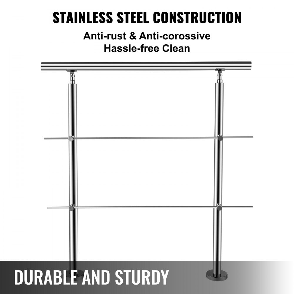 Stainless steel stair handrail with two cross bars and floor-mounted posts, 39.4 inches wide.