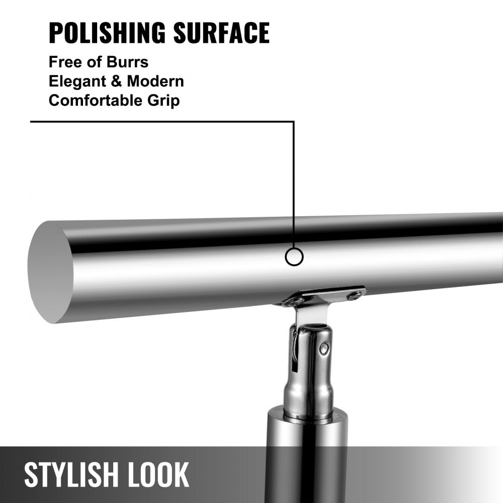 Stainless steel stair handrail with two cross bars, 39.4 inches long, featuring smooth burr-free surface and comfortable grip.