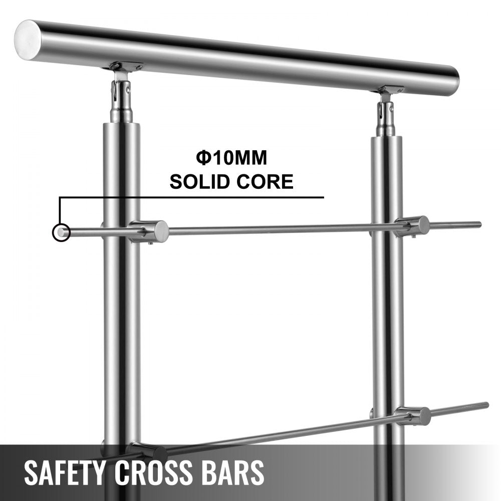 Stainless steel stair handrail with two horizontal cross bars and a polished finish.