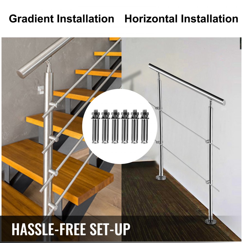 Stainless steel stair handrail with two cross bars, shown in gradient and horizontal installations.