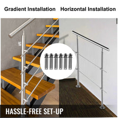 Stainless steel stair handrail with two cross bars, shown in gradient and horizontal installations.