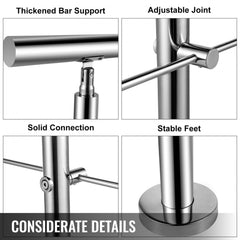 Close-up of stainless steel stair handrail details: thickened bar support, adjustable joint, solid connection, and stable feet.