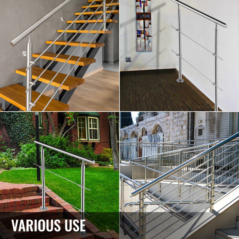 Stainless steel stair handrail with two cross bars and polished finish for safety and support.