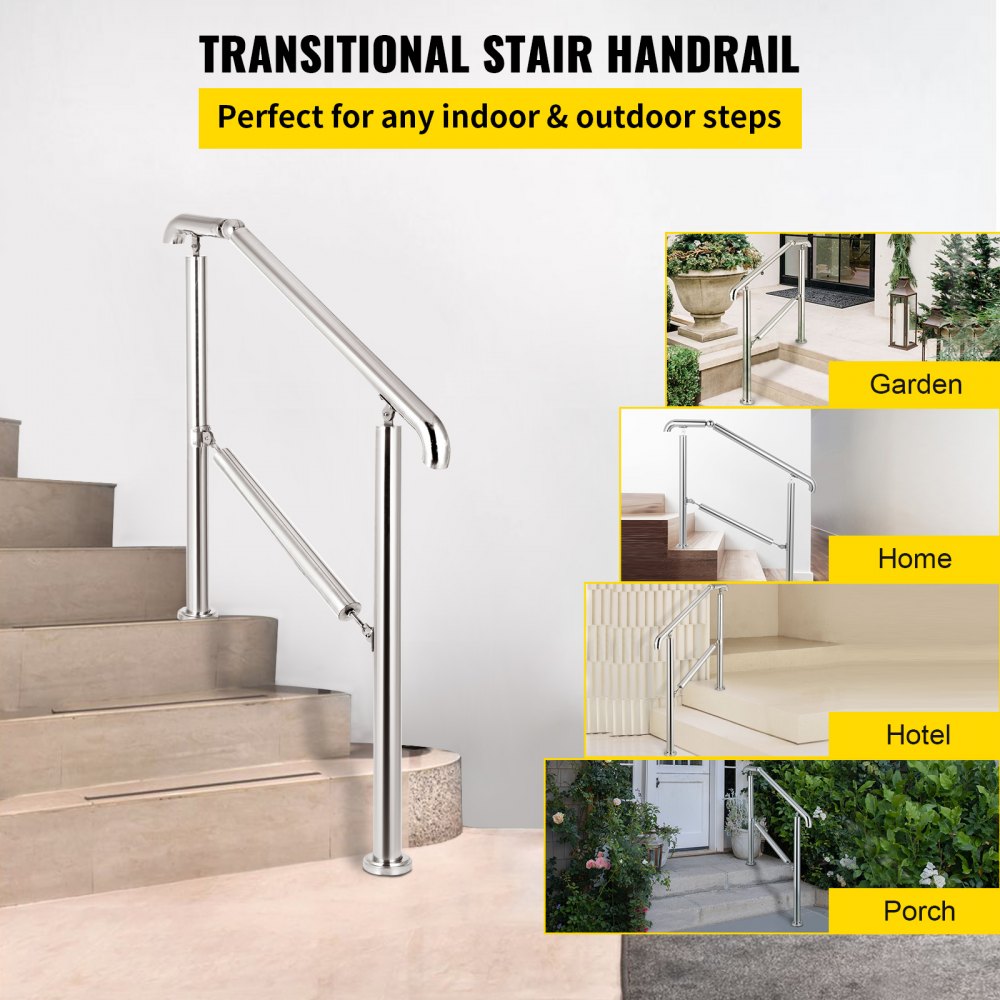 Stainless steel adjustable handrail for 2-3 steps, supporting 441 lb.