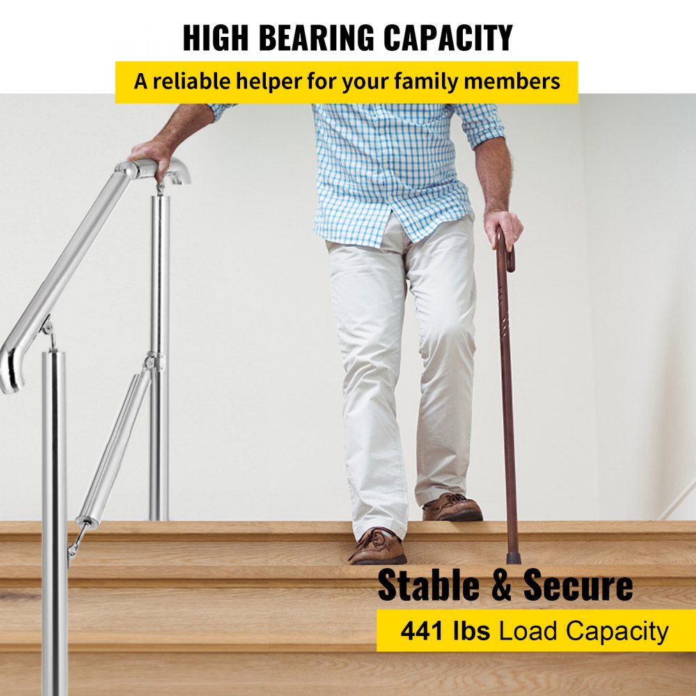 Stainless steel adjustable handrail installed on wooden steps, supporting a man with a cane.
