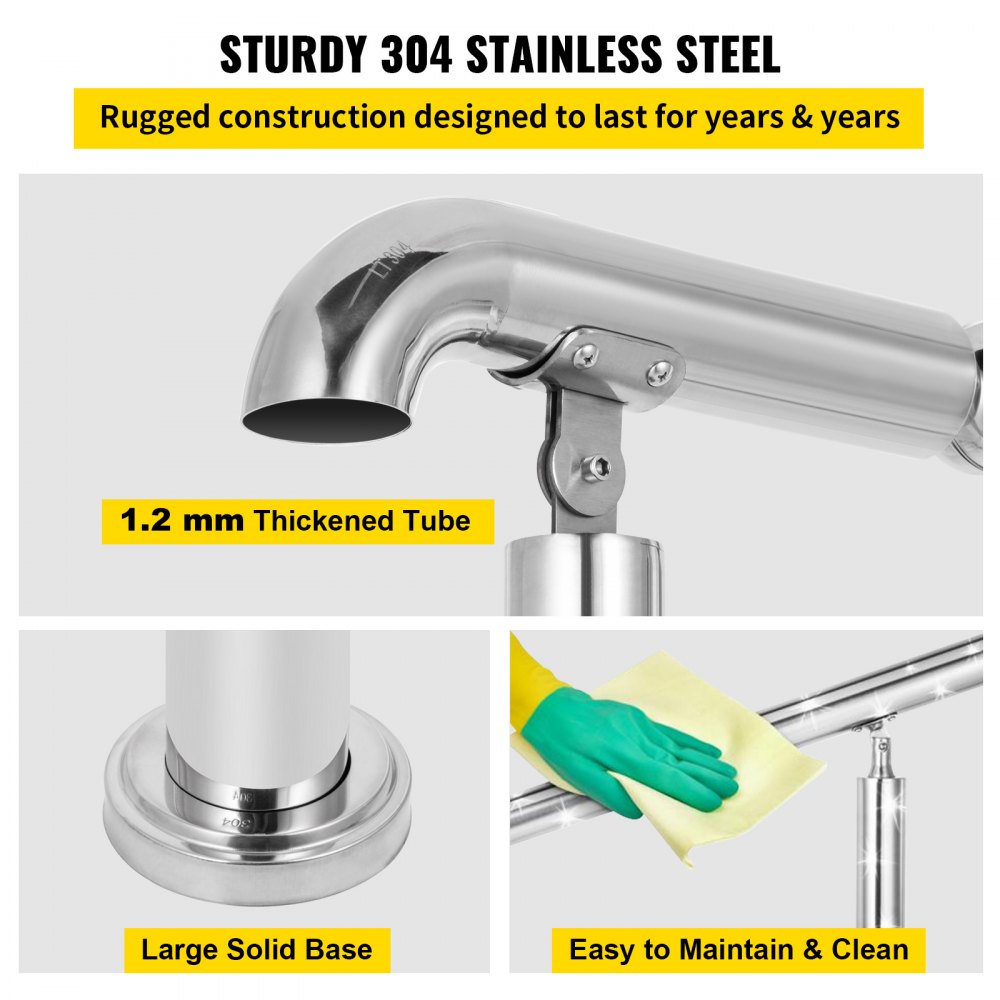 Stainless steel adjustable handrail for 2-3 steps with 441lb capacity, thick tube, and solid base.