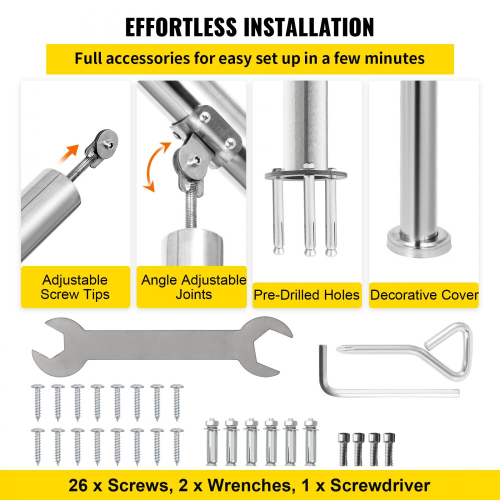 Stainless steel adjustable handrail for 2-3 steps with installation tools and accessories.