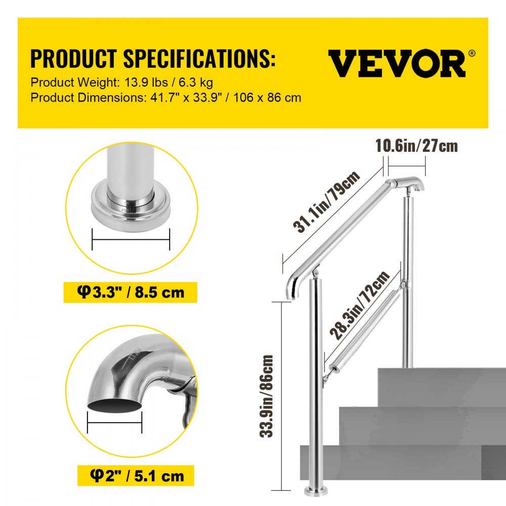 Stainless steel adjustable handrail for 2-3 steps with 441 lb capacity, showing dimensions.
