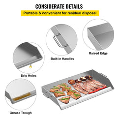 Stainless Steel Griddle,36" x 22" Universal Flat Top Rectangular Plate, BBQ Charcoal/Gas Non-Stick Grill with 2 Handles and Grease Groove with Hole?Grills for Camping, Tailgating and Parties