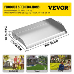 Stainless Steel Griddle,36" x 22" Universal Flat Top Rectangular Plate, BBQ Charcoal/Gas Non-Stick Grill with 2 Handles and Grease Groove with Hole?Grills for Camping, Tailgating and Parties