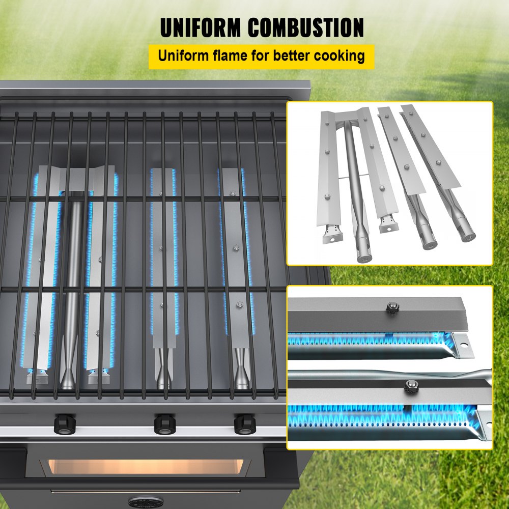 BBQ Burners Replacement, Stainless Steel Burner Grill Part Kit, 3 Packs BBQ Burners Replacement, Grill Burner Replacement w/ Air Flap Barbecue Replacement Parts w/ Evenly Burning for Gas Grills