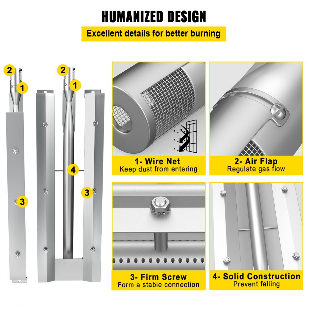 BBQ Burners Replacement, Stainless Steel Burner Grill Part Kit, 3 Packs BBQ Burners Replacement, Grill Burner Replacement w/ Air Flap Barbecue Replacement Parts w/ Evenly Burning for Gas Grills