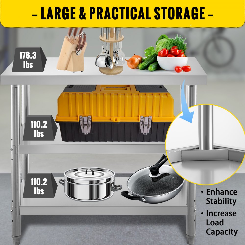 Stainless Steel Prep Table, 48x18x33 in Commercial Stainless Steel Table, 2 Adjustable Undershelf BBQ Prep Table, Heavy Duty Kitchen Work Table, for Garage, Home, Warehouse, and Kitchen Silver