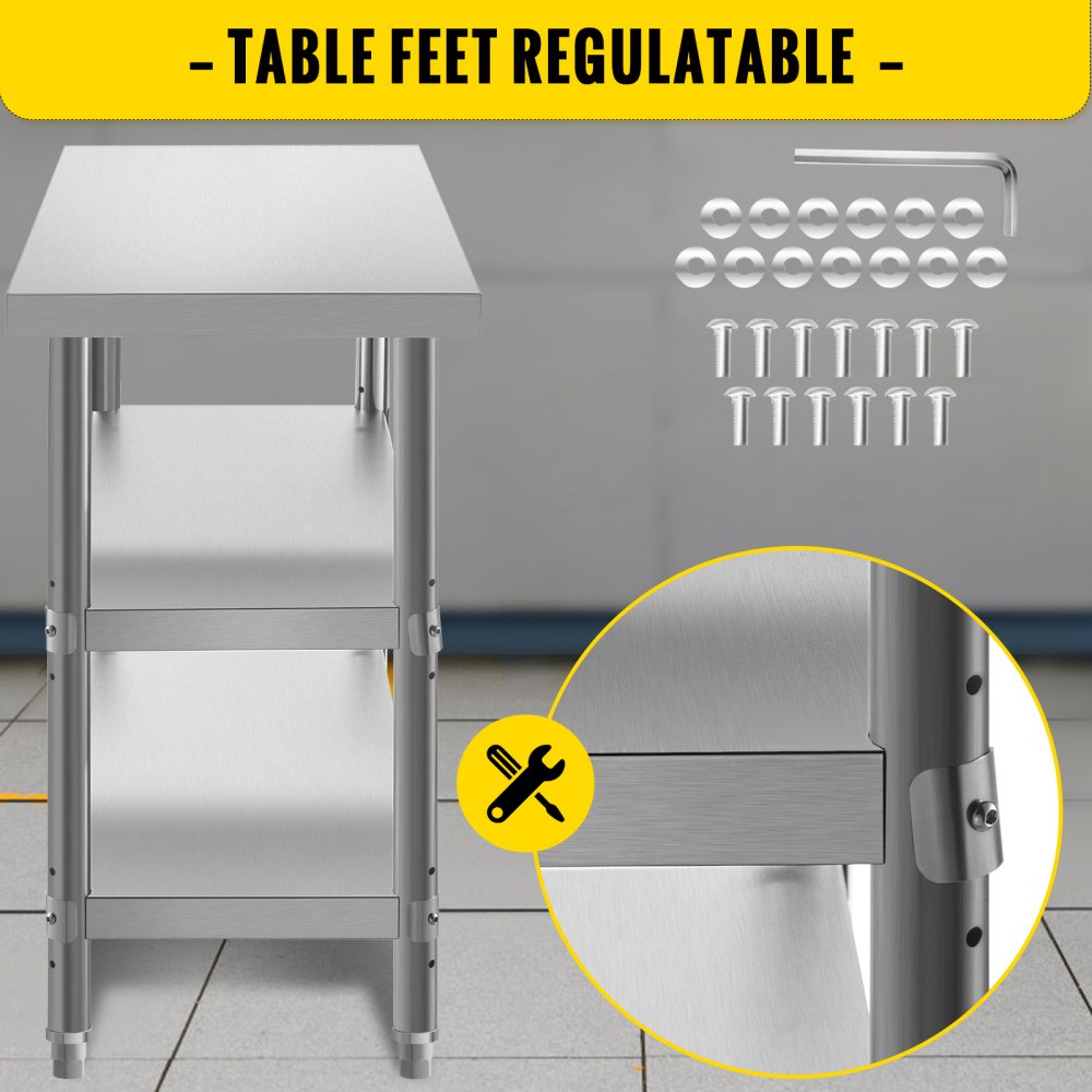 Stainless Steel Prep Table, 48x18x33 in Commercial Stainless Steel Table, 2 Adjustable Undershelf BBQ Prep Table, Heavy Duty Kitchen Work Table, for Garage, Home, Warehouse, and Kitchen Silver