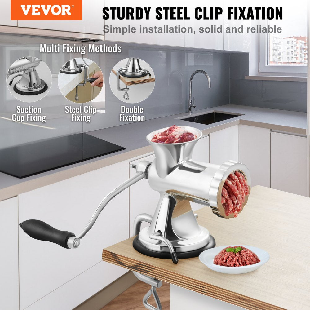 Manual Meat Grinder, 304 Stainless Steel Hand Meat Grinder with Suction Cup + Steel Table Clamp, Meat Mincer Sausage Maker & 2 Cutting Plates, Sausage Tube, Grinding Head for Beef Pepper Cookie