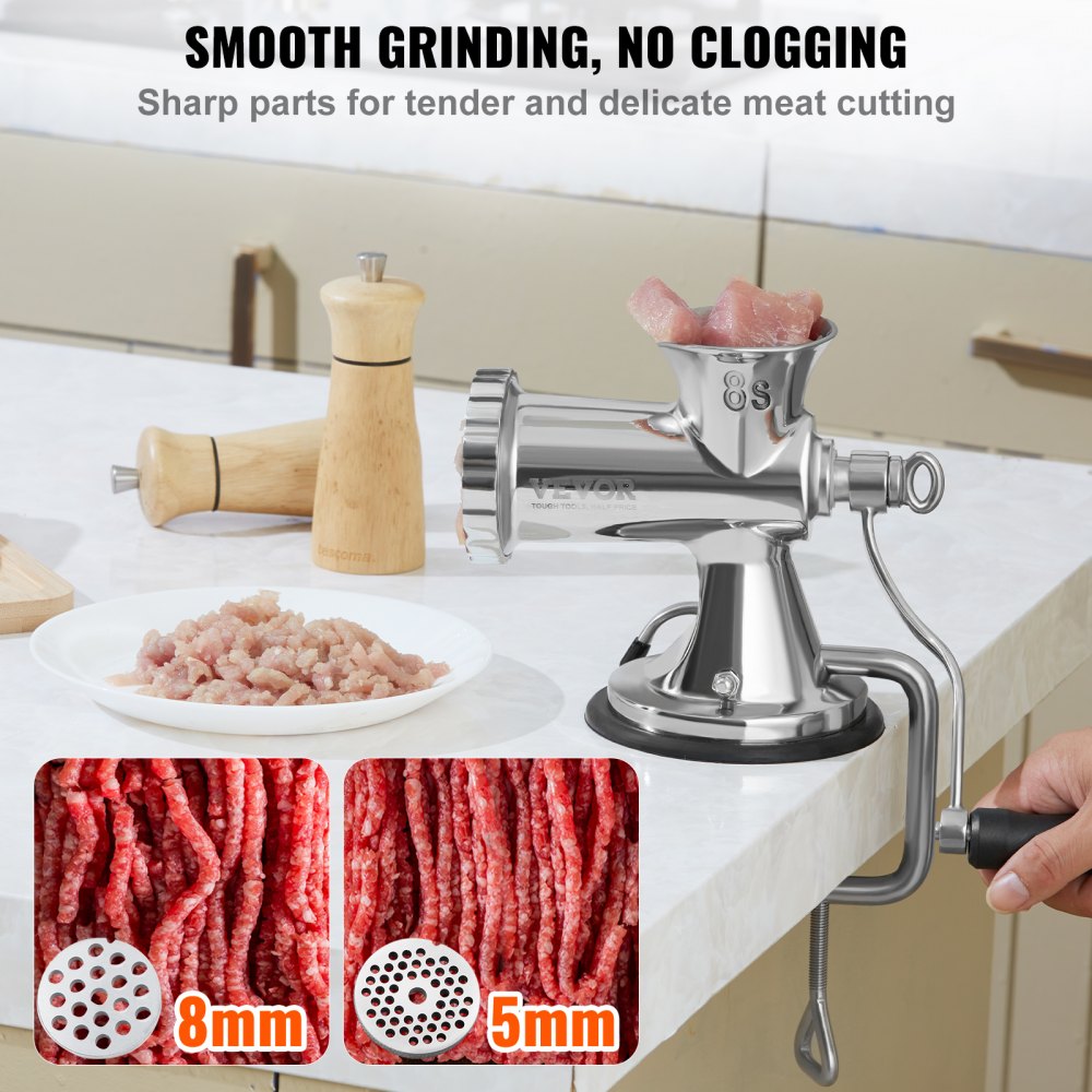 Manual Meat Grinder, 304 Stainless Steel Hand Meat Grinder with Suction Cup + Steel Table Clamp, Meat Mincer Sausage Maker & 2 Cutting Plates, Sausage Tube, Grinding Head for Beef Pepper Cookie
