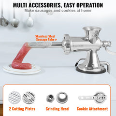 Manual Meat Grinder, 304 Stainless Steel Hand Meat Grinder with Suction Cup + Steel Table Clamp, Meat Mincer Sausage Maker & 2 Cutting Plates, Sausage Tube, Grinding Head for Beef Pepper Cookie