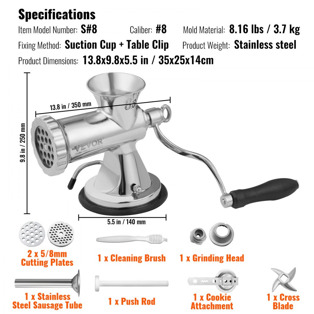 Manual Meat Grinder, 304 Stainless Steel Hand Meat Grinder with Suction Cup + Steel Table Clamp, Meat Mincer Sausage Maker & 2 Cutting Plates, Sausage Tube, Grinding Head for Beef Pepper Cookie