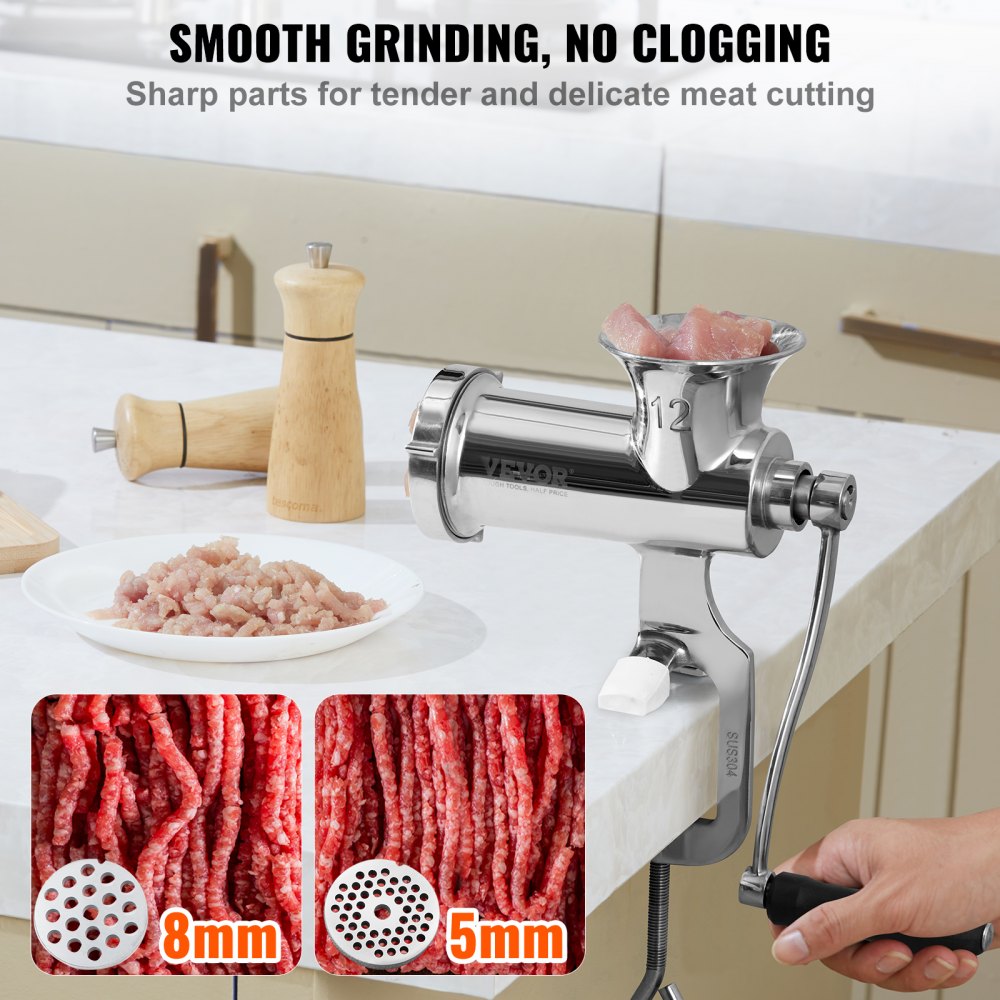 Manual Meat Grinder, 304 Stainless Steel Hand Meat Grinder with Steel Table Clamp, Meat Mincer Sausage Maker & 2 Cutting Plates, Cookie Attachment, Sausage Tube for Beef Pepper Mushroom Cookie