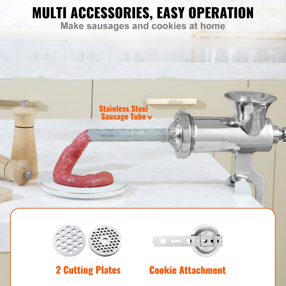 Manual Meat Grinder, 304 Stainless Steel Hand Meat Grinder with Steel Table Clamp, Meat Mincer Sausage Maker & 2 Cutting Plates, Cookie Attachment, Sausage Tube for Beef Pepper Mushroom Cookie