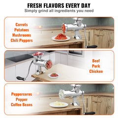 Manual Meat Grinder, 304 Stainless Steel Hand Meat Grinder with Steel Table Clamp, Meat Mincer Sausage Maker & 2 Cutting Plates, Cookie Attachment, Sausage Tube for Beef Pepper Mushroom Cookie