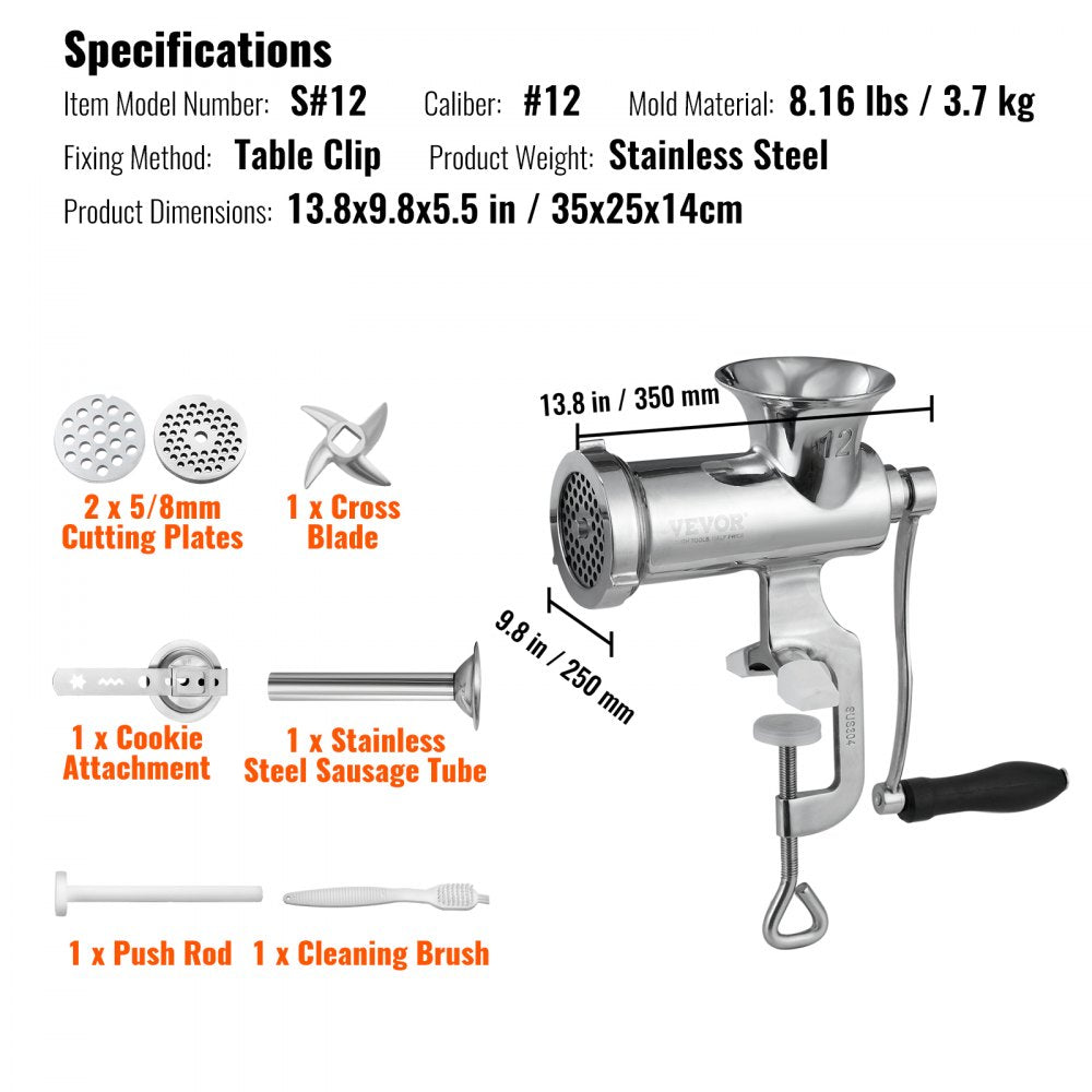 Manual Meat Grinder, 304 Stainless Steel Hand Meat Grinder with Steel Table Clamp, Meat Mincer Sausage Maker & 2 Cutting Plates, Cookie Attachment, Sausage Tube for Beef Pepper Mushroom Cookie