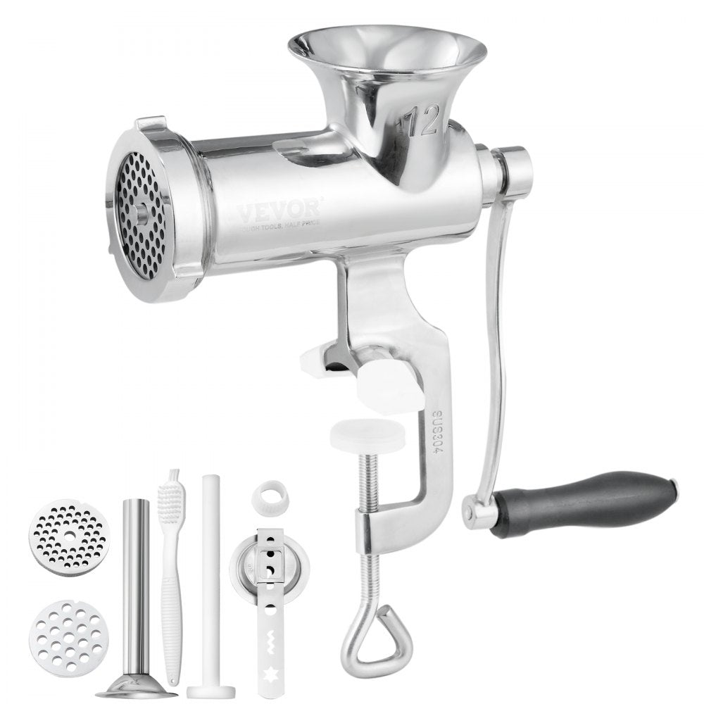 Manual Meat Grinder, 304 Stainless Steel Hand Meat Grinder with Steel Table Clamp, Meat Mincer Sausage Maker & 2 Cutting Plates, Cookie Attachment, Sausage Tube for Beef Pepper Mushroom Cookie