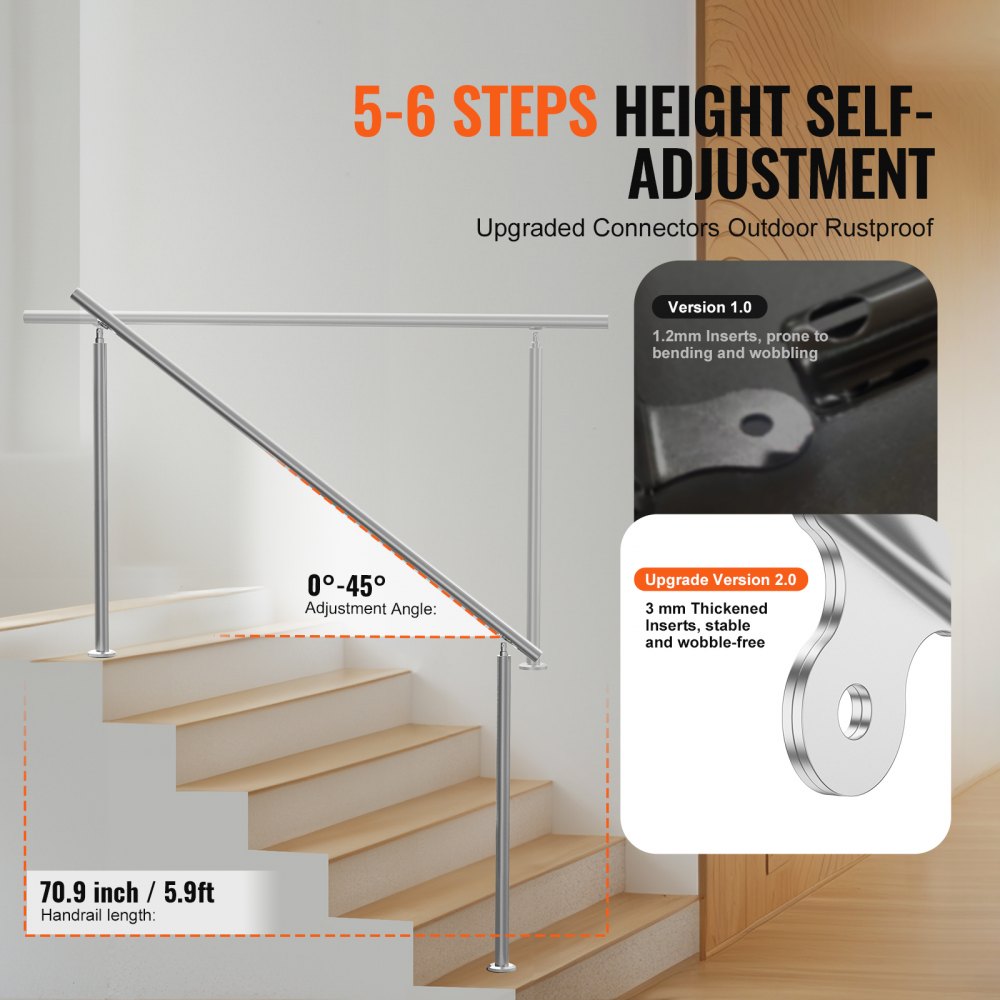 70.9-inch stainless steel adjustable handrail for outdoor stairs with 0-45 degree angle and 5-6 step height.