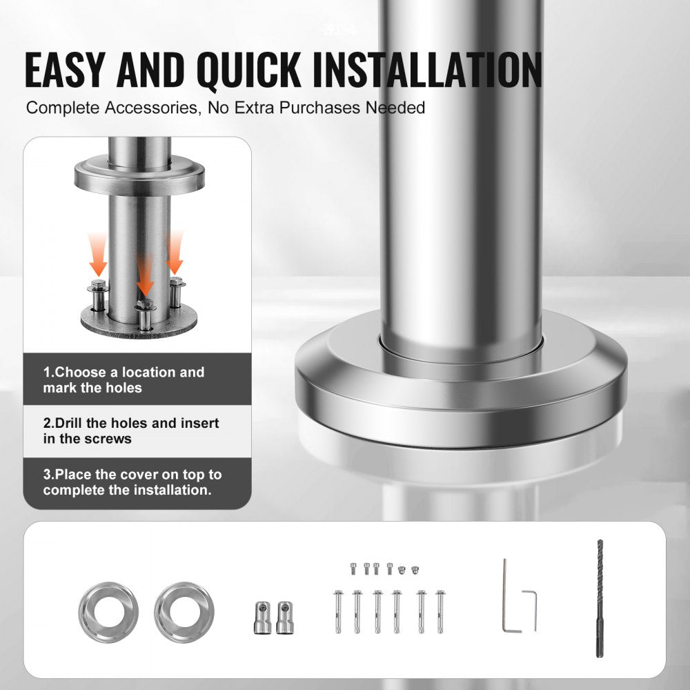 Infographic showing easy installation steps for a 70.9-inch stainless steel adjustable handrail with included accessories.