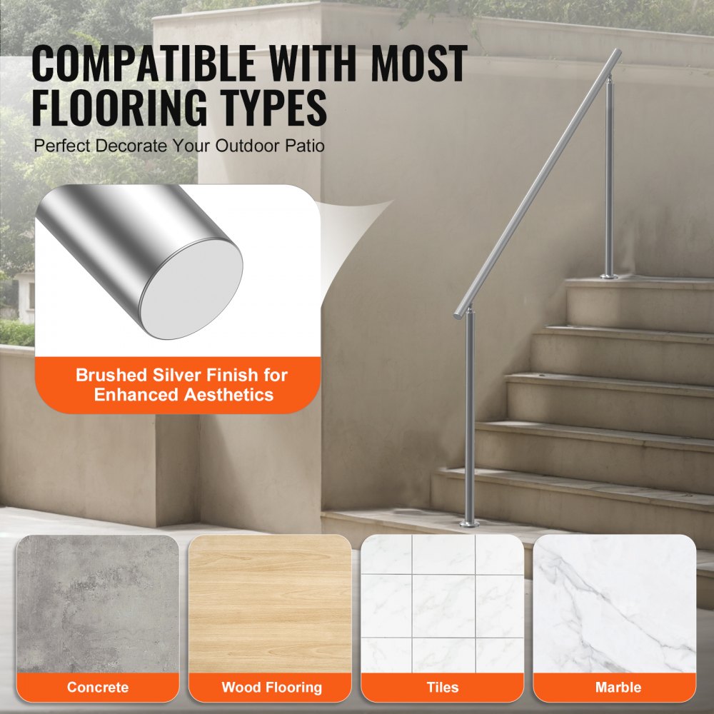 70.9-inch adjustable stainless steel handrail for outdoor stairs, compatible with concrete, wood, tile, and marble.
