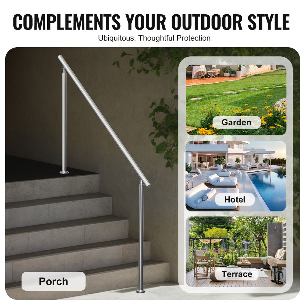 Stainless steel adjustable handrail installed on outdoor concrete stairs with three location options shown.