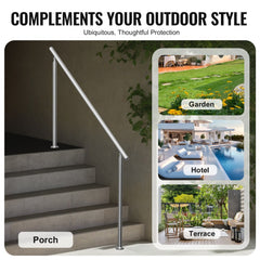 Stainless steel adjustable handrail installed on outdoor concrete stairs with three location options shown.