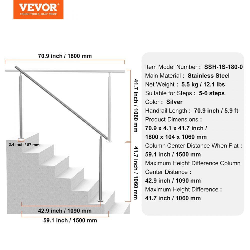 70.9-inch adjustable stainless steel handrail for outdoor stairs, shown with dimensions.