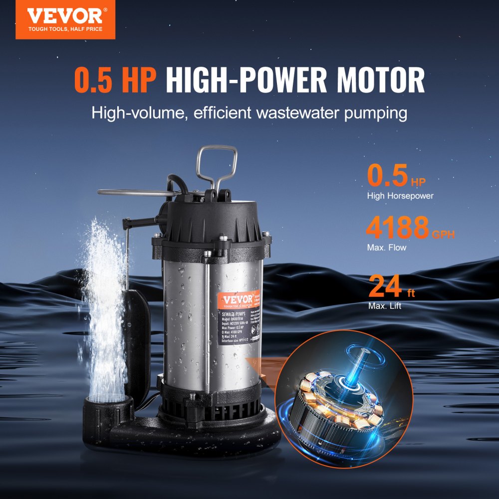 Submersible Sewage Pump Water Pump 0.5HP 4188GPH 24 ft Lift for Basement