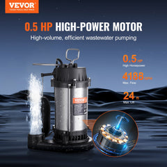 Submersible Sewage Pump Water Pump 0.5HP 4188GPH 24 ft Lift for Basement