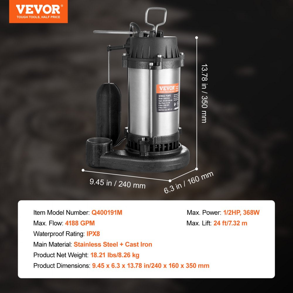 Submersible Sewage Pump Water Pump 0.5HP 4188GPH 24 ft Lift for Basement
