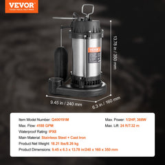 Submersible Sewage Pump Water Pump 0.5HP 4188GPH 24 ft Lift for Basement