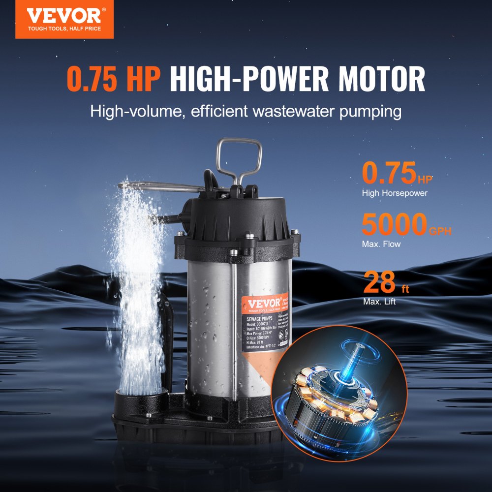 Submersible Sewage Pump Water Pump 0.75HP 5000GPH 28 ft Lift for Basement