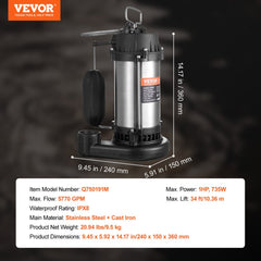 Submersible Sewage Pump Water Pump 1HP 5770GPH 34 ft Lift for Basement